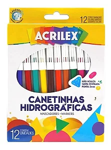 Canetinha Hidrográfica Acrilex Grande – Cores Vivas e Traço Suave - 12 Cores