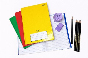 Kit Escolar Sortido - 96 Folhas - 4 Cadernos Brochura + Lápis, Borracha e Apontador