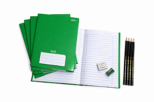 Kit Escolar Verde - 4 Cadernos Brochura Capa Dura 48 folhas + Lápis, Borracha e Apontador