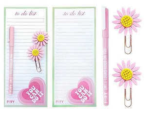 Kit Anotação Primavera Rosa 4 Peças com Bloco, Caneta e Acessórios Fofy