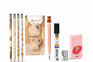 Kit Capivara (4 Lápis, 2 Borrachas, 1 Apontador de metal, 1 Lapiseira, 1 Grafite, 1 Corretivo)