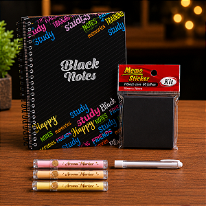 Kit Presente Black Notes – Caderno Preto, Post-it Preto, Caneta Branca e Marcadores