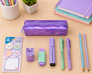 Kit Presente Lilás – Papelaria Completa com Estojo e Acessórios Pastel