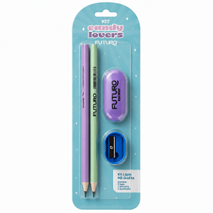 Kit Escolar Candy Lovers Futuro com 2 Lápis HB, Apontador e Borracha