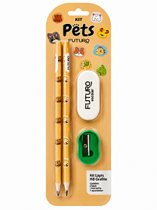 Kit Escolar Pets Futuro com 2 Lápis HB, Apontador e Borracha