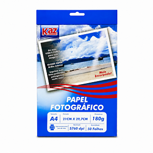 Papel Foto Glossy A4 180g com 50 folhas KAZ