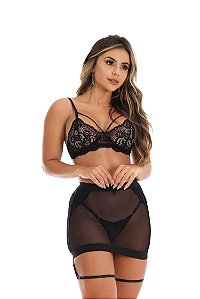 Conjunto sensual sem bojo com saia transparente