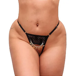 Calcinha Fio Dental Preto Frases Frontal com Strass Me Chupa