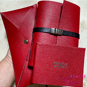 Kit Caderno A6 em Couro (Folhas Lisas), Estojo em Couro e Agenda A7
