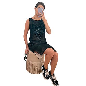 Vestido Midi Nude e Preto Bordado, M