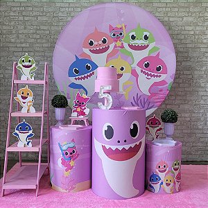 Alugue Tema Para Festa Decoração Baby Shark Rosa Tecido ( Modelo 2 )