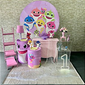 Alugue Tema Para Festa Decoração Baby Shark Rosa Tecido ( Modelo 4 )