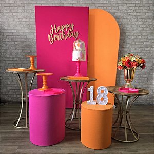 Alugue Tema Para Festa Decoração Happy Laranja com Rosa Tecido ( Modelo 2 )