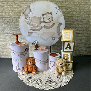 Alugue Tema Para Festa Decoração Chá Revelação Ursinho Aviador Tecido ( Modelo 2 )