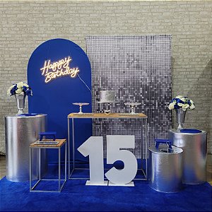 Alugue Tema Para Festa Decoração Azul com Prata Tecido ( Modelo 1 )