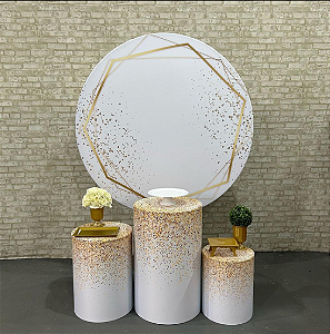 Alugue Tema Para Festa Decoração Geométrico Branco com Dourado Tecido ( Modelo 1 )