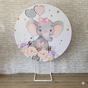 Alugue Estrutura Painel Redondo e a Capa de Tecido do Tema - Elefantinho Rosa