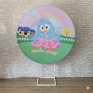 Alugue Estrutura Painel Redondo e a Capa de Tecido do Tema - Galinha Pintadinha Rosa