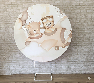 Alugue Estrutura Painel Redondo e a Capa de Tecido do Tema - Ursinho Aviador