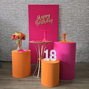 Alugue Tema Para Festa Decoração Happy Laranja com Rosa Tecido ( Modelo 12 )