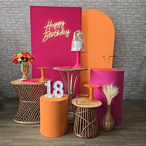 Alugue Tema Para Festa Decoração Happy Laranja com Rosa Tecido ( Modelo 13 )