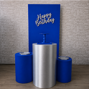 Alugue Tema Para Festa Decoração Happy Azul com prata Tecido ( Modelo 5 )