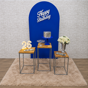 Alugue Tema Para Festa Decoração Happy Azul com prata Tecido ( Modelo 6 )