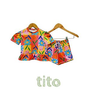 Conjunto Floral rosa/laranja