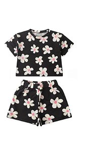 Conjunto Preto com Flores brancas