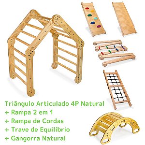 Kit Triângulo Articulado 4P Natural + Rampa 2 em 1 + Rampa de Cordas + Trave de Equilíbrio + Gangorra Natural