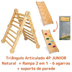 Kit Triângulo Articulado 4P JUNIOR Natural + Rampa 2 em 1 (6 agarras) + Suporte de Parede