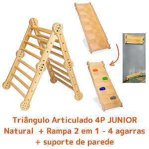 Kit Triângulo Articulado 4P JUNIOR Natural + Rampa 2 em 1 (4 agarras) + Suporte de Parede