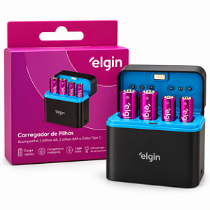 Carregador Box USB-C Para 4 Pilhas 2AA + 2AAA Elgin 46RSCUSBCX04