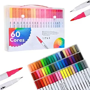 Marcador Conjunto 60 Cores Canetas Permanente Ponta Dupla