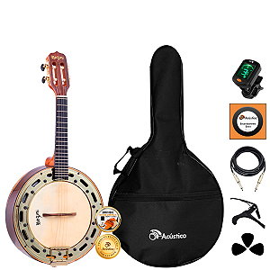 Kit Banjo Rozini Elétrico 4 Cordas Aro Dourado Rj12 Completo