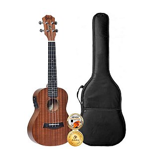 Kit Ukulele Concert Elétrico Seizi Bali Sapele Laminado Capa