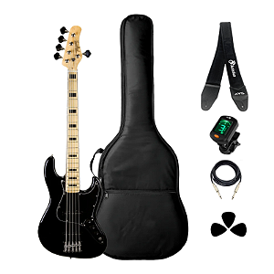 Kit Contrabaixo 5 Cordas Tagima Jazz Bass TJB-5 Black Completo