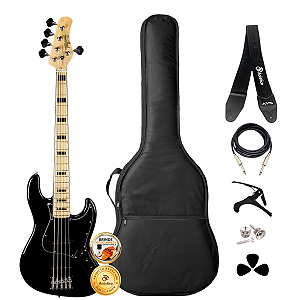 Kit Contrabaixo 5 Cordas Tagima Jazz Bass TJB-5 Black Completo