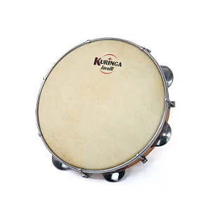 Pandeiro Kuringa Madeira 10" Pele Animal Platinelas Aço Inox