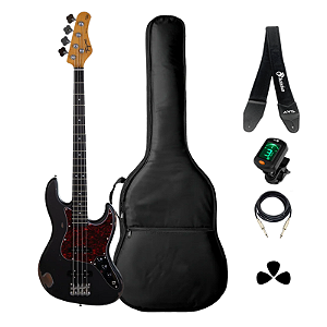 Kit Baixo 4 Cordas Tagima TBA-73 Relic Antique BK Completo