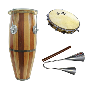 Atabaque 60cm Afin Presilha Metal + Agogô + Pandeiro Couro