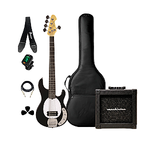 Kit Baixo AT Michael Music Man 5C Preto + Acessórios + Ampli