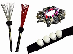 Kit 1 Vassourinha Pithy Aço e 1 Náilon para Cajón + 1 Canela Shaker + 1 Unha de cabra