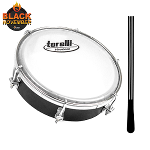 Tamborim Pele Em Nylon Torelli TT404 Preto + Baqueta Tripla
