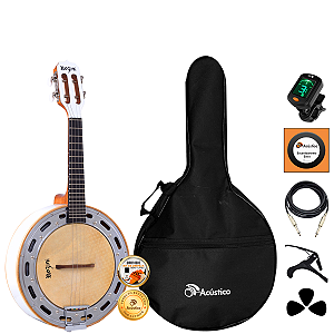 Kit Banjo Rozini Elétrico 4 Cordas Rj11 Branco Completo