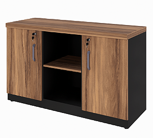 Armário Baixo Credenza 2 Portas + Nicho Central c/ Prateleiras Nogal/Preto 1200x450x735mm (Larg/Prof/Alt)