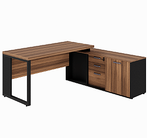 Mesa Diretor Quadro Armário Pedestal c/ Estante, Nicho c/ Porta e Gaveteiro 2+1 Gavetas Tampo 40mm Encabeçado Nogal/Pret