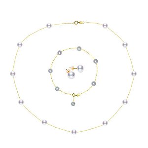 Conjunto Colar, Pulseira e Brinco Pérola Natural em Ouro 18k