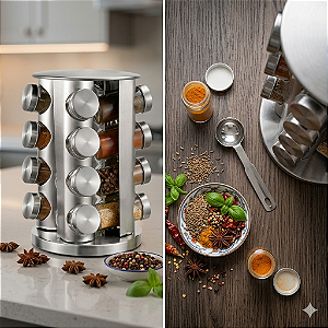 COMBO TEMPEROS - Porta Tempero Cozinha Giratório Inox 16 Potes + 80 adesivos + BRINDE ESPECIAL