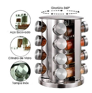 COMBO TEMPEROS - Porta Tempero Cozinha Giratório Inox 16 Potes + 80 adesivos + BRINDE ESPECIAL